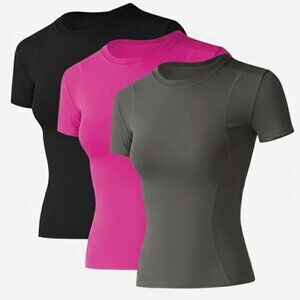 LOOVOO Women's Training T-Shirts 3 PACK Athletic Compression Shirt Dry Fit Yoga